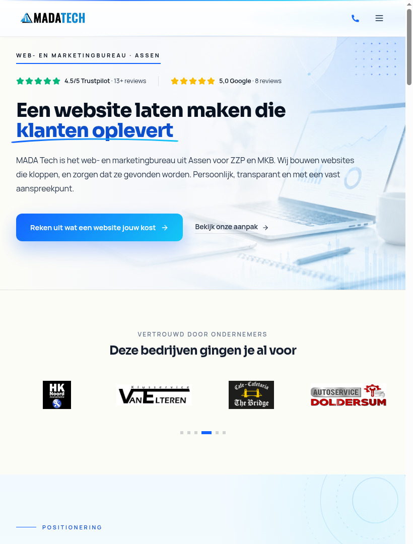 MADA Tech homepage op een tablet